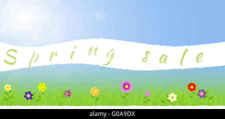 Carta strappata molla centrale paesaggio con fiori Foto Stock