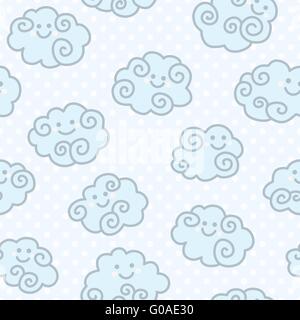Modello senza cuciture con divertenti cartoon nuvole blu su sfondo di piselli. Illustrazione Vettoriale