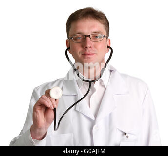 Giovane maschio medico ritratto su sfondo bianco Foto Stock