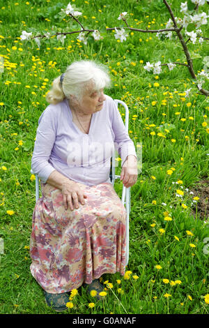 La nonna in giardino sotto una fioritura del melo Foto Stock