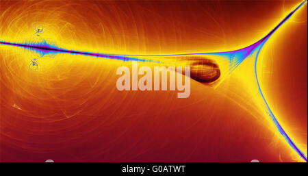 Abstract lo sfondo è blu giallo rosso Linee curve e particelle Foto Stock