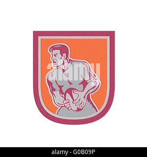 Metallica di giocatore di rugby passando a sfera retrò veduta laterale Foto Stock