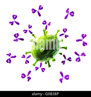 3d reso illustrazione di antobodies attaccando un virus Foto Stock