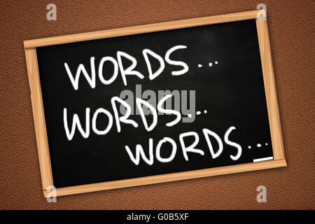 Chalk board la scrittura di parole scritte sulla lavagna sulla parete testurizzata Foto Stock