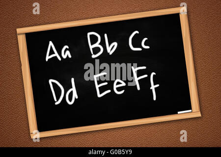 Chalk board la scrittura di ABC alfabeto scritto di apprendimento sulla lavagna sulla parete testurizzata Foto Stock