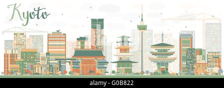 Abstract dello Skyline di Kyoto con punti di riferimento di colore. Illustrazione Vettoriale. Viaggi di lavoro o di Turismo Concept Illustrazione Vettoriale