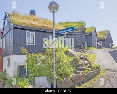 Dal tetto di erba House Old Town Torshavn Isole Faroe Foto Stock