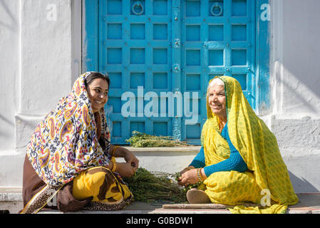 Due donne di Rajasthani in abito tradizionale sulla raccolta a domicilio i ceci da filiali Foto Stock