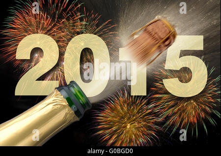 Nuovo anno fuochi d' artificio per 2015 con popping champagne Foto Stock