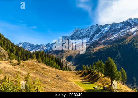 Splendida vista del Bietschhorn Breithorn e la catena montuosa delle Alpi nel cantone del Vallese dal sentiero escursionistico al di sopra del Loetsch Foto Stock