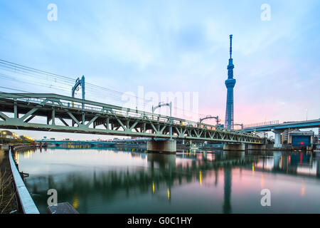 Tokyo Sky Tree vista dal fiume Sumida. Foto Stock