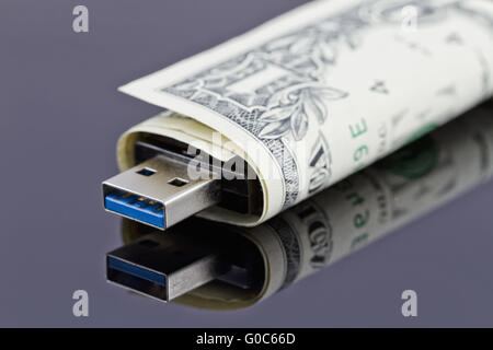 Unità flash USB portatile è avvolto in un dollaro Foto Stock