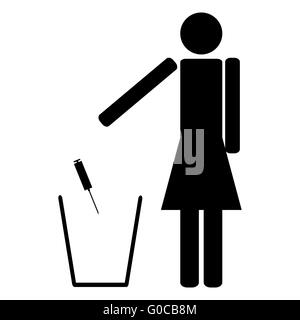 Donna getta una siringa di farmaci nel cestino Foto Stock