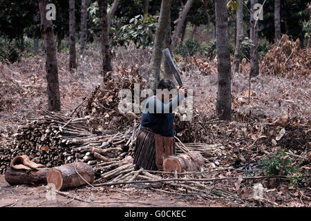 Una donna locale trinciatura di legno con un machete in un ambiente rurale nelle township e comune di Jocotenango in Guatemala America Centrale Foto Stock