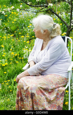 La nonna in giardino sotto una fioritura del melo Foto Stock