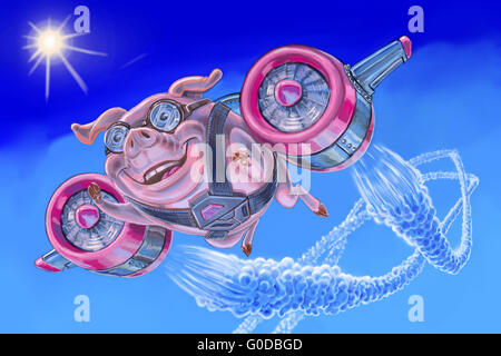 Illustrazione di un felice flying pig con un jet pack il razzo attraverso la stratosfera lasciando twin sentieri di vapore. Foto Stock