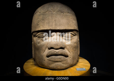 Olmec Head National Museum of Anthropology città del Messico // CITTÀ DEL MESSICO, Messico — il Cabeza Colosal, una colossale testa olmeca scolpita in basalto tra il 1200-600 a.C., è uno dei manufatti più significativi del Museo Nazionale di Antropologia. La massiccia scultura in pietra, che pesa diverse tonnellate, rappresenta la sofisticata arte dell'antica civiltà olmeca, ampiamente considerata la cultura madre della Mesoamerica e predecessori delle culture Maya e Azteche. Si ritiene che queste teste monumentali rappresentino i governanti olmechi e sono tra le diciassette teste colossali conosciute scoperte in tutto il Messico Foto Stock