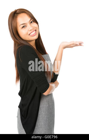 Mano Flat Out donna asiatica la visualizzazione di inclinazione indietro Foto Stock