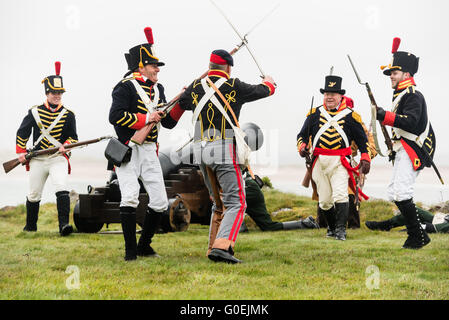 Fort Belan, Caernarfon, Gwynedd, Regno Unito. Il 1 maggio, 2016. Un soldato di Anglesey ussari a cavallo artiglieria, in pantaloni grigi, combattendo Marines americani durante un weekend festivo 1812 battaglia rievocazione, come parte della raccolta fondi per ripristinare Fort Belan, un epoca napoleonica fort nel nord-ovest del Galles. Credito: Michael Gibson/Alamy Live News Foto Stock