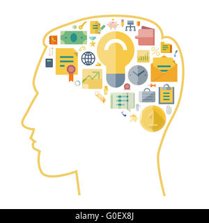 Le icone per le aziende disposte nel cervello umano forma Foto Stock