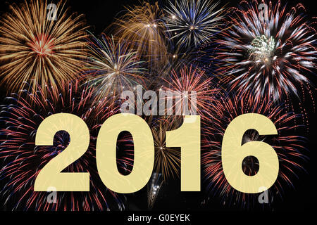 Felice anno nuovo 2016 con fuochi d'artificio Foto Stock