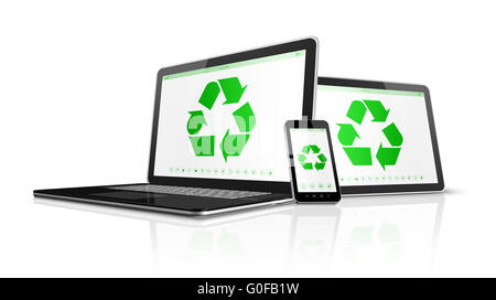 Dispositivi elettronici con un simbolo di riciclaggio sullo schermo. la conservazione ambientale concetto Foto Stock