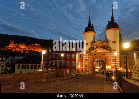 Heidelberg Old Bridge di notte Foto Stock