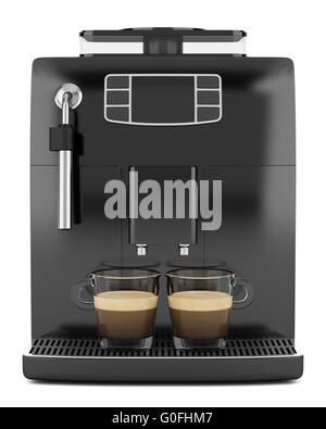 Nero con macchina per il caffè con due tazze isolati su sfondo bianco Foto Stock