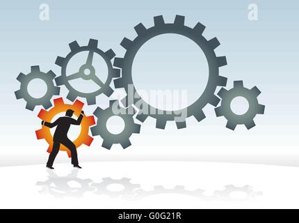 Ingranaggi rotanti-uomo che gira/ruota l'ingranaggio rosso, concetto concettuale astratto Illustrazione Vettoriale