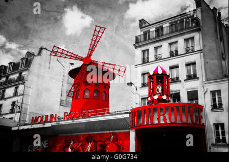 Il Moulin Rouge vintage retrò rappresentazione in bianco e nero con rosso elementi Foto Stock