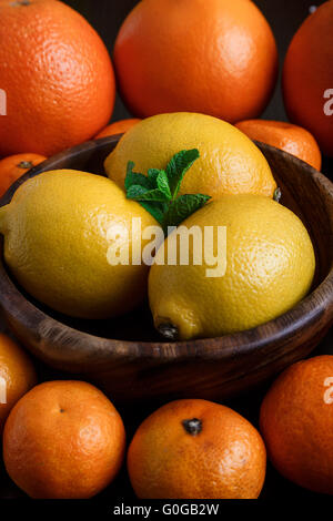 I limoni nella piastra di legno con mandarini, le arance e le foglie di menta su sfondo scuro close-up macro Foto Stock