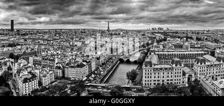 Parigi, Francia panorama con la Torre Eiffel, la Senna e ponti. In bianco e nero Foto Stock