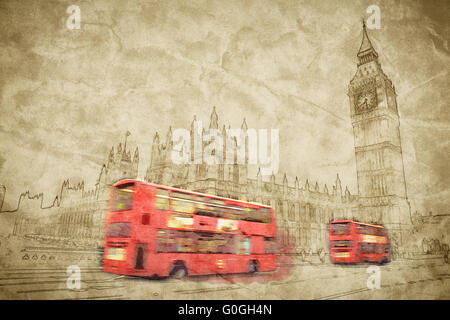 Immagine artistica di Londra, Regno Unito. Bus rosso in movimento e il Big Ben Foto Stock