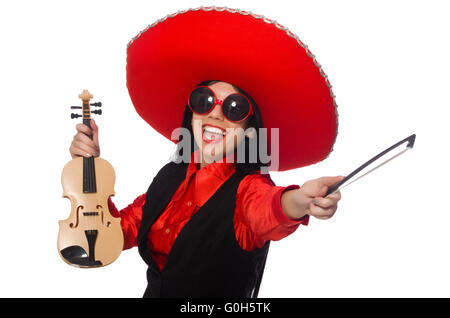 Donna messicana con violino isolato su bianco Foto Stock