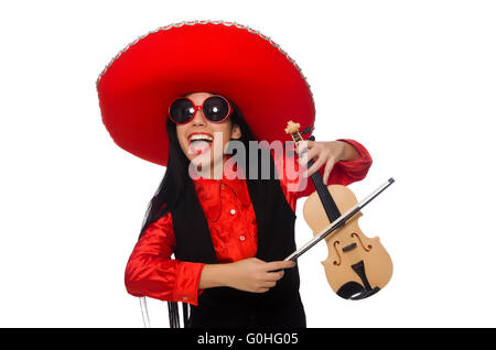 Donna messicana con violino isolato su bianco Foto Stock