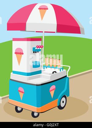 Cibo Mobile ombrellone carrello vector cartoon vendere gelati Illustrazione Vettoriale