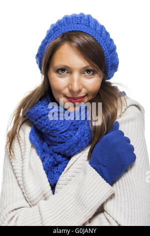 Close up Donna sorridente in abito invernale Foto Stock