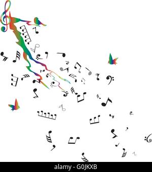 Illustrazione vettoriale di un ramo di albero con note musicali e uccelli Illustrazione Vettoriale