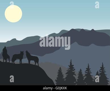 Illustrazione vettoriale di paesaggio di montagne e di animali selvatici Illustrazione Vettoriale