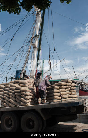 Lavoratori caricati sacchi di cemento per lo scafo di una imbarcazione a Paotere Porto di Makassar, Indonesia. Foto Stock