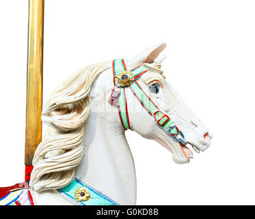 Capo di una classica giostra cavallo isolato su bianco con tracciato di ritaglio Foto Stock