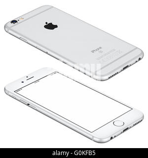 Varna, Bulgaria - 25 Ottobre 2015: Silver Apple iPhone 6s mockup giace sulla superficie con schermo bianco e lato posteriore Foto Stock