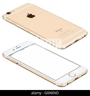 Varna, Bulgaria - 25 Ottobre 2015: oro Apple iPhone 6s mockup giace sulla superficie con schermo bianco e lato posteriore Foto Stock