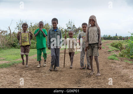 Meki River Delta, Etiopia, Ottobre 2013: Bambini imbrancandosi capre al pascolo. Foto Stock