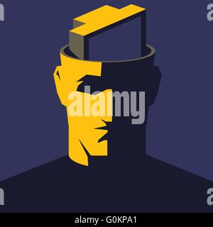 TV addicted. Maschio testa aperta con TV all'interno. Mass media influenza concetto illustrazione vettoriale. Illustrazione Vettoriale