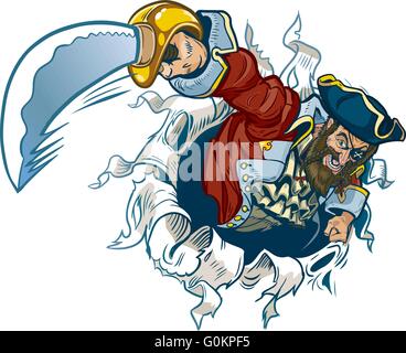 Vector cartoon clip art illustrazione di un pirata strappando dello sfondo, brandendo un cutlass. Fa un grande mascotte! Illustrazione Vettoriale