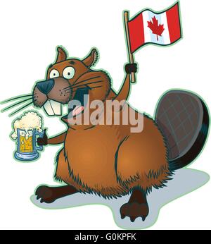 Vector cartoon clip art di un simpatico, felice cartoon beaver tenendo un boccale di birra e una bandiera canadese. Illustrazione Vettoriale