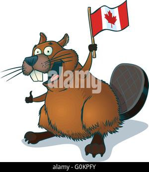 Vector cartoon clip art di un simpatico, felice cartoon beaver sventola una bandiera canadese. Illustrazione Vettoriale