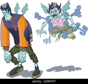 Cartoon Teenage versioni di un Frankenstein ('s) Monster e la sua fidanzata del vampiro. Illustrazione Vettoriale