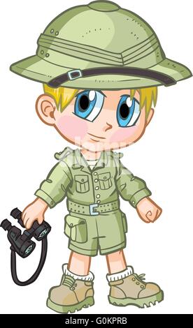 Vector cartoon clip art di un ragazzo caucasico indossando un vestito di safari, disegnato in un anime o in stile manga. Illustrazione Vettoriale